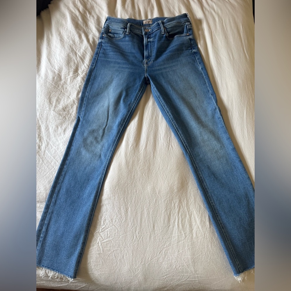 MOTHER Blue Straight Leg Jeans with Vintage Distressing